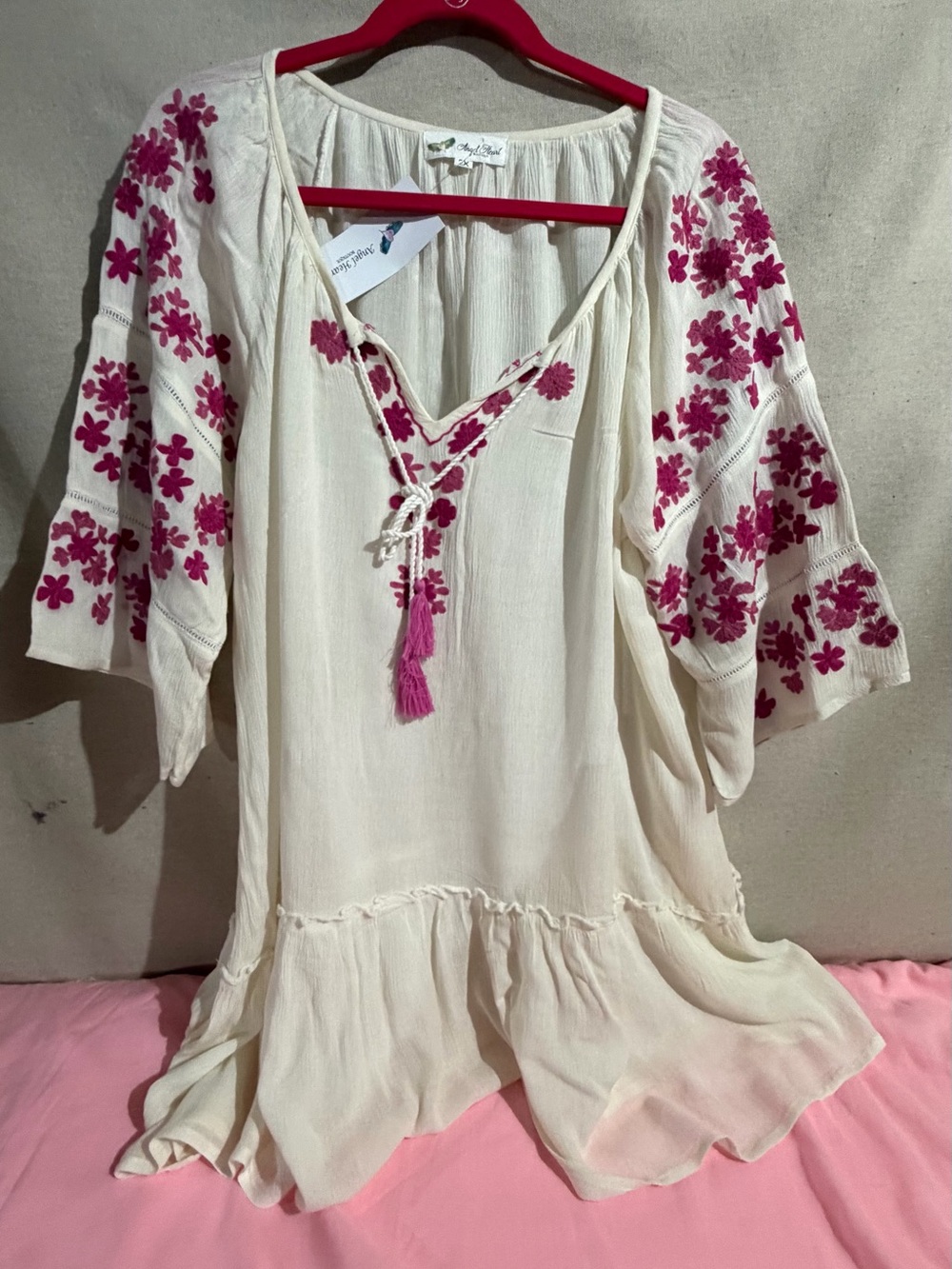 Angel Heart women Boho Embroidered Peasant Tunic - Cream with Pink Floral